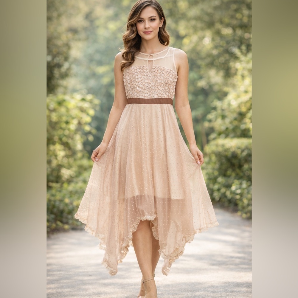 WALTZ Illusion 3D Rose netted neck handkerchief hem flowy midi dress size S Y2K